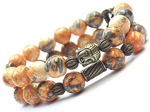 Doppelreihiges Armband mit gefärbten weißen Jadeperlen und Buddha Anhänger – Boho handgefertigter Schmuck (Orange)