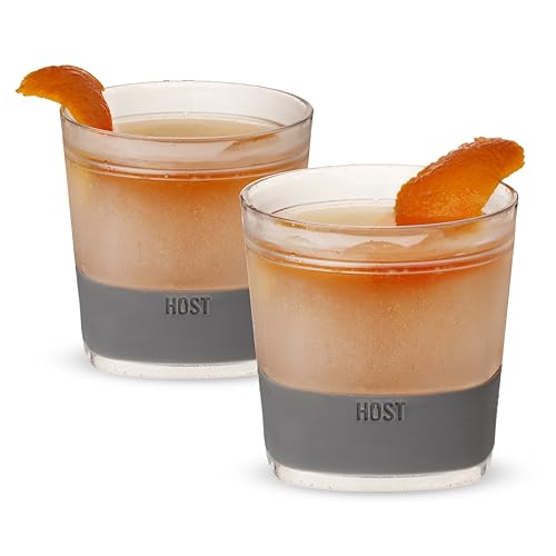 Host Whiskey Freeze Glasses, Double Old Fashioned Glasses, Chill Without Dilution for Brandy, Vodka, Gin, Rum, and Cold Brew Cocktails, Bourbon Gifts for Men, Home Bar, 9 oz, Set of 2, Grey