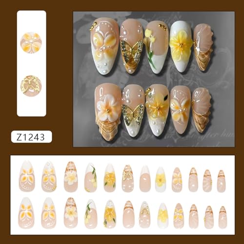 24Pcs Creamy Yellow French Press on Nails Medium Almond Fake Nails with Pearl Gold Beads Design 3D Butterfly Lily False Nails Spring Summer Glossy Full Cover Sweet Floral Stick on Nails for Women