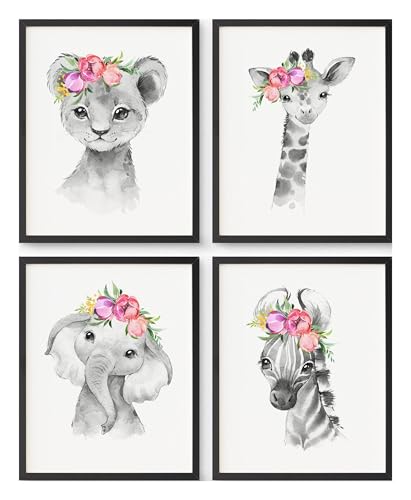 Image of Prints Made Perfect Safari Nursery Wall Art Set - Baby Animal Prints Jungle Theme Decor - Elephant Giraffe Lion Zebra With Pink Flowers- Nursery Wall Decor for Kids Room or Baby Shower