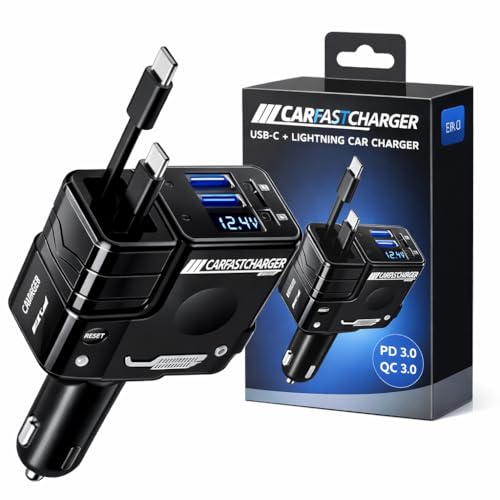 Image of Fire Turtle 100W 4-in-1 Retractable Car Charger, Dual USB Fast Charging Adapter with 31.5-Inch Cables, Compatible with iPhone 15 /14 /13 /12 Pro Max, iPad, Pixel, and Other Devices (Rectabel Charger)