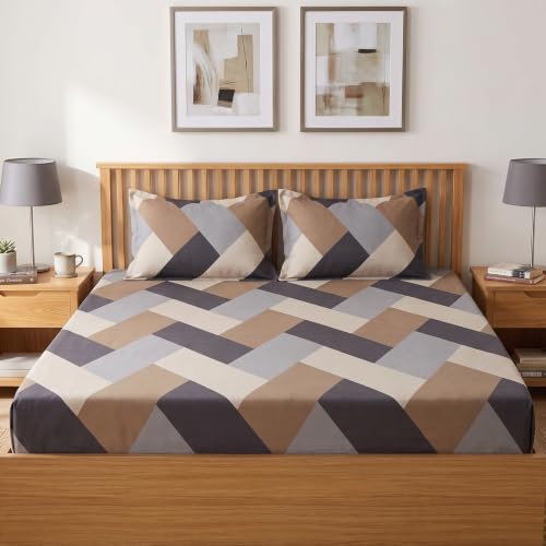Image of LOOMLYFE 300 TC Cotton Double Bedsheet with 2 Pillow Covers | 90x100 Inches King Size Bed Sheet | Soft, Breathable & Fade Resistant Bedding Set - BrownGreyCross