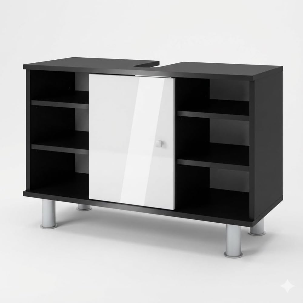 Vicco Fynn szafka pod umywalkę, antracytowa/biała, wysoki połysk, 80 x 54 cm, z 6 półkami, do przechowywania w łazience z wgłębieniem na syfon