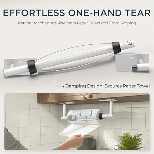 Image of FORIOUS Paper Towel Holder Under Cabinet, One Hand Operable with Adjustable Damping for Easy Tear, No Drill Adhesive or Drill Wall Mount, 304 Stainless Steel for Kitchen Bathroom RV Garage, White