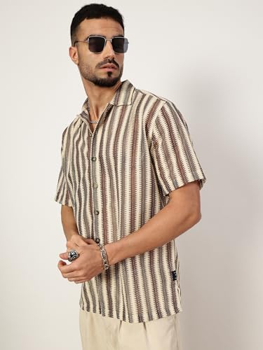 Image of Thomas Scott Men's | Stripes | Half Sleeve | Slim Fit | Polyester-Blend | Spread Collar | Casual Shirt