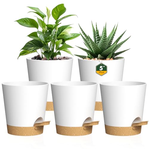 Homeuouz 12 cm Self Watering Pots, 5 Pack Plastic Flower Pots with Drainage Holes and Saucer, Indoor plant pots for Herbs and All House Plants, White With Brown reservoir
