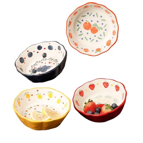 BRZU かわいいフルーツ柄の小鉢、クリエイティブな手描きの陶器のライスボウル、食器、朝食のオートミール/デザート/サラダボウル、電子レンジと食器洗い機対応、キッチン食器 (4点セット)