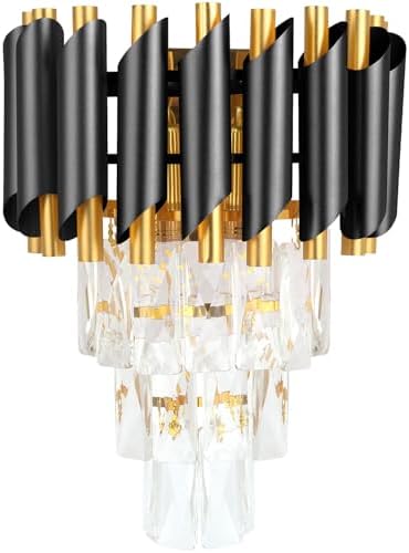 HUA QIANG WANG Modern Crystal Wall Sconce, E14 3-Tier Crystal Wall Light, Black and Gold LED Indoor Wall Lamp, Interior Lighting Decoration for Living Room, Bedroom, Dining Room,Hallway
