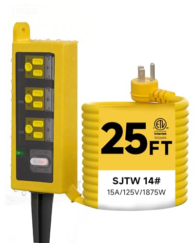 Image of Outdoor Extension Cord, 3 Wide Outlets, 1875W /15A, 25FT 14AWG Heavy Duty SJTW Power Strip with Surge Protector, All-Weather & IP66 Fully Waterproof, Ideal for Patio, Garden, Pool, RV, Yellow