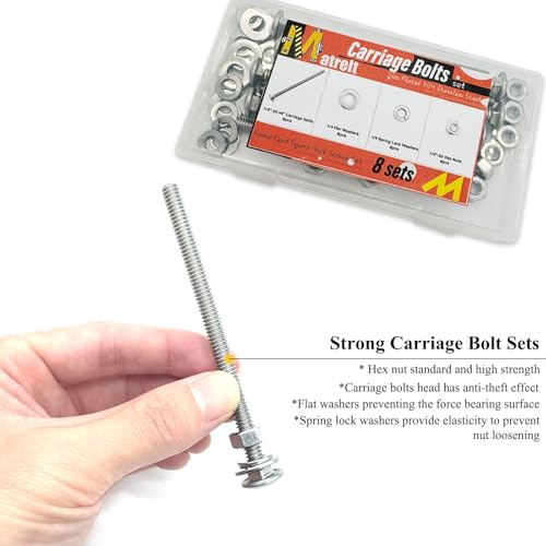 Image of 8 Sets 1 /4 inch-20 x4 Carriage Bolts Round Head Square Neck Screws with Hex Nuts Flat Washers Spring Lock Washers 304 Stainless Steel Full Thread Coverage Square Neck Bolts Assortment Kit
