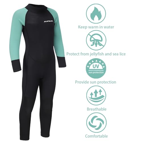Aunua Youth 3/2mm Neoprene Wetsuits for Kids Full Wetsuit Swimming Suit Keep Warm(7032 Blackgreen 4#)