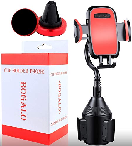 Cup Phone Holder - Smart Phone Car Mount and Air Vent Holder in Red for All Phones ,Android Phone Compatible - Adjustable Base 360 - Degree Rotation - Goose Neck - Stand Strap Easy Installment BOGALO