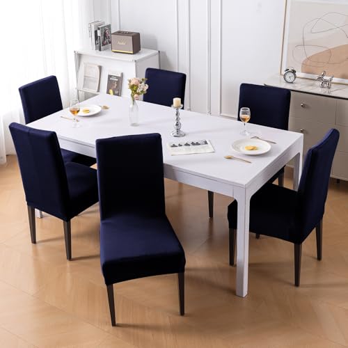 Image of HOKIPO 'SereneSolids' 140 GSM Stretchable Dining Chair Cover - Set of 6, Navy Blue (AR-6246-NBL)