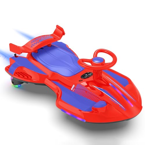 12V Electric Wiggle Car with Pedal for Kids, Rechargeable 2 in 1 Swing Car Toy, Drifting Ride On Car with Backrests, Anti-Rollover, Spray, Flashing Light, Music, Bluetooth, for Ages 3 and Up, 150 Lbs