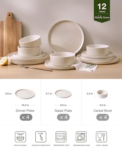 Image of Famiware Nebula Plates and Bowls Sets, 12 Pieces Dinnerware Sets, Dishes Set for 4, Creamy White with Colorful Speckles