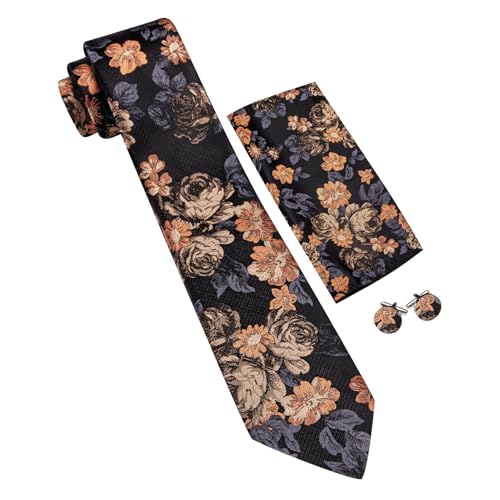 Image of Barry.Wang Flower Ties for Men Silk Woven Floral Tie Sets Necktie Handkerchief Cufflinks Wedding Party