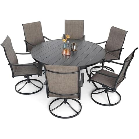 Nixtopia Patio Swivel Chairs, Extra Large Round Table Dining Set of 7 include 1 Table 58 inch and 6 Piece Gray Textilene High Back Dining Chairs with Cambered Armrest Outdoor Furniture Cover