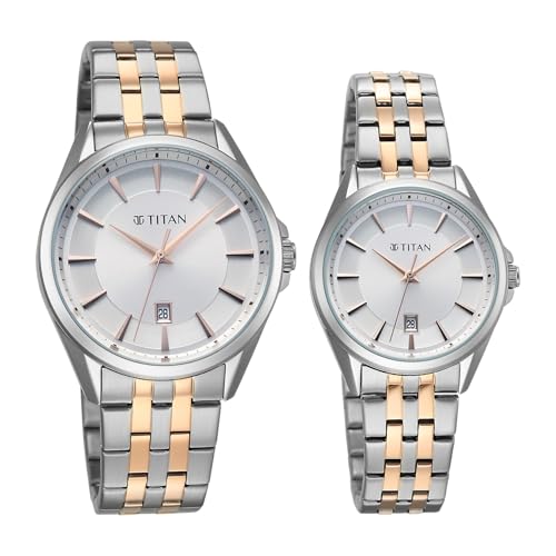 Image of Titan Modern Bandhan Pair Analog with White Dial Dual Tone Rose Gold Stainless Steel Strap Watch for Couples - 9401594215KM01