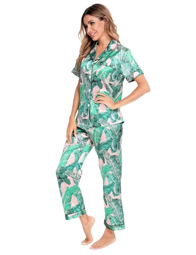 Image of SWOMOG Women Satin Pajamas Set Short Sleeve Top & Pants Sleepwear Silky Button Down Nightwear 2pcs Loungewear Pjs Set Pink Leaves Medium