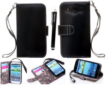 Hanicase Wallet Leather Case Credit ID Card slot Holder Cover Pouch For Samsung Galaxy S3 I9300 Black With Hanicase Design Stylus Pen