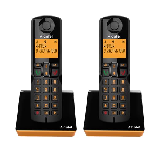 ALCATEL S280 Dúo - Teléfono Inalámbrico DECT - Diseño Compacto - Gran Pantalla Retroiluminada - Manos Libres - Bloqueo de Llamadas - Agenda 50 Contactos - 2 terminales - Negro/Naranja