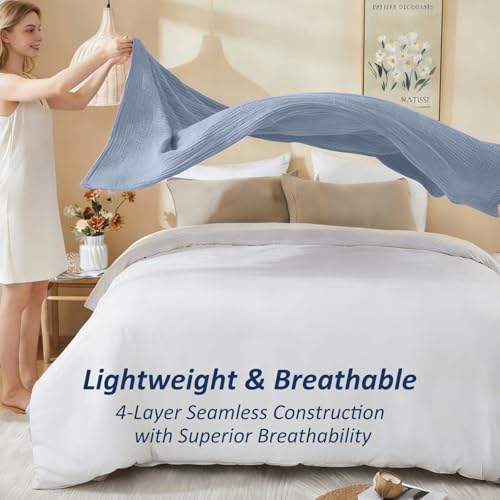 Image of EMME Cotton Muslin Queen Blanket Bed Layering Bedspread Coverlet Breathable Gauze Soft Lightweight Blankets (Heather Dusty Blue, 90 inchx90 inch)