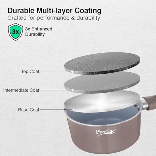 Image of Prestige Ceraglide Duo Sauce pan 16Cm /1.4L with Glass Lid Non-Stick Ceramic Coating|Works On Gas & Induction|High Heating|Cool Touch Handle|Grey