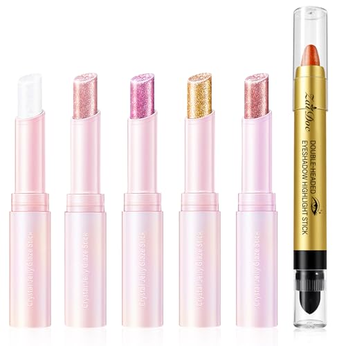 ZAIDOC 5-Color Crystal Jelly Eyeshadow & Dual-Ended Eyeshadow Set Dewy Shimmer Cream Eye Shadow Stick Translucent Hydrating Glitter Makeup for Daily Wear 6-Piece Eye Makeup Kit