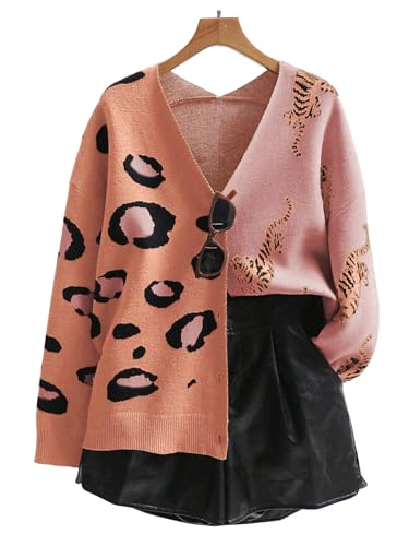 Image of WDIRARA Women's Leopard Tiger Print Cardigan V Neck Long Sleeve Color Block Button Down Sweater Outwear