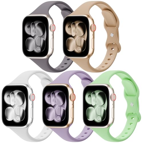 5 Pack Silicone Slim Bands Compatible with Apple Watch Band 38mm 42mm 40mm 44mm 41mm 45mm 46mm 49mm, Soft Narrow Sport Thin Strap for iWatch Ultra 3 2 1 Series 11/10/9/8/7/SE/6/5/4 Women Men