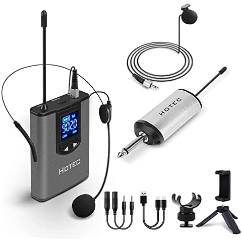 HOTEC UHF Wireless Headset Microphone/Lavalier Lapel Mic with Bodypack Transmitter and Mini Rechargeable Receiver 1/4" Output for Vlogging or Speech Cover