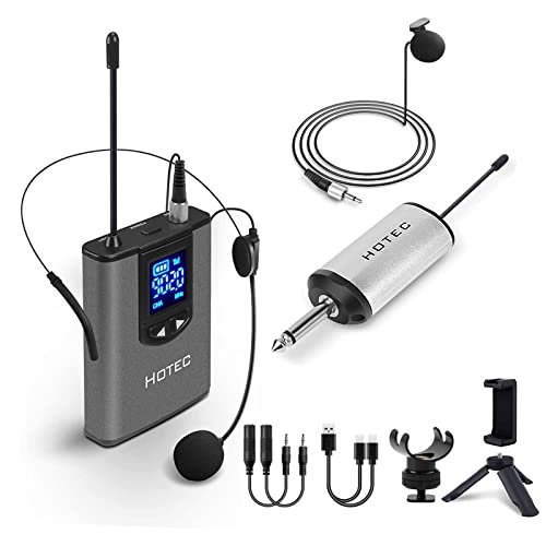 HOTEC UHF Wireless Headset Microphone/Lavalier Lapel Mic with Bodypack Transmitter and Mini Rechargeable Receiver 1/4″ Output for Vlogging or Speech