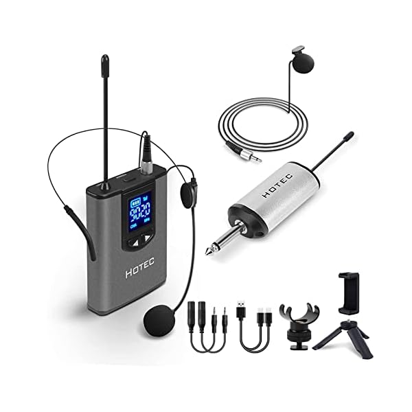 HOTEC UHF Wireless Headset Microphone/Lavalier Lapel Mic with Bodypack Transmitter and Mini Rechargeable Receiver 1/4″ Output for Vlogging or Speech