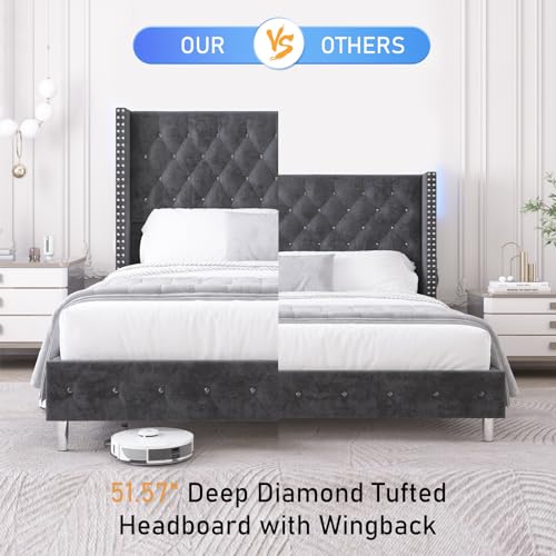 Hlivelood Queen LED Upholstered Bed Frame with Wingback Headboard, Velvet Diamond Button Tufted Bed Frame w/USB&Type-C Ports, Pocket and LED Lights, Wood Slats Support, No Box Spring Needed, Dark Grey - Thumbnail 6
