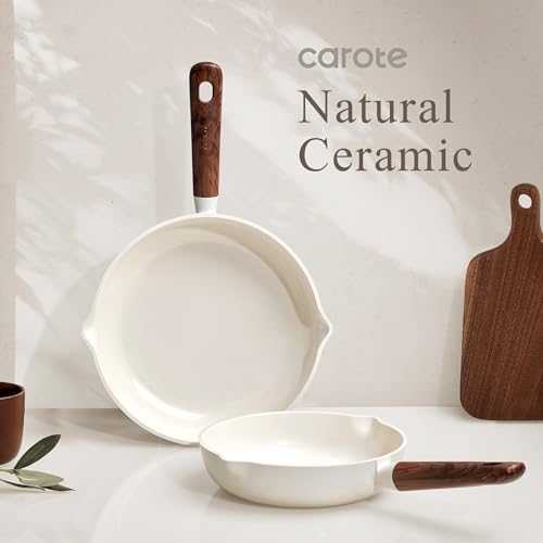 Image of CAROTE Nonstick Frying Pans Skillets, Ceramic Coating Non-Stick Frying Pans Set, 5 PCS, Non-toxic Healthy & PFOA Free, Induction Compatible, 8+9.5+11 Inch with Colander Lid and Spatula, Cream White