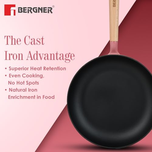 Image of BERGNER Excalibur Lightweight Cast Iron Frypan with Lid 28cm, Sturdy Wooden Handle, Non-Stick Coating, PFAS Free, Perfect Heat Distribution, Elegant Design - Induction Compatible (Pink)