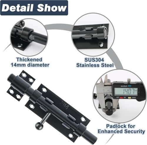 Image of Alise Slide Lock SUS304 Stainless Steel Gate Latch, Slide Bolt Latch,Thickened Heavy Door Latch Lock,10 Inch Black Barrel Bolt Latch, Security Slide Latch Lock