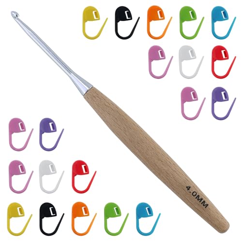 Uncinetto in legno di faggio da 4.0 mm, uncinetti ergonomici, ferri da uncinetto, con 20 marcatori a maglia, per lavorare a maglia sciarpe, guanti, cappelli, calzini, maglioni