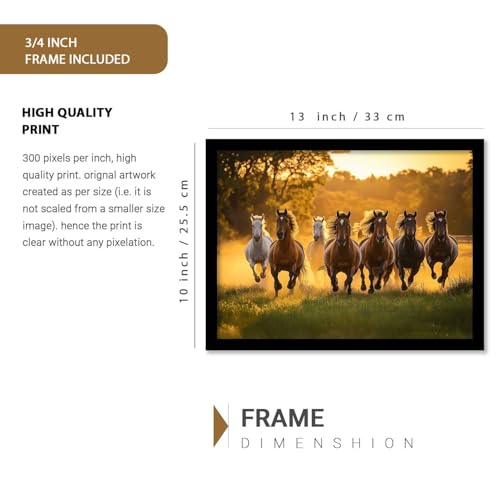 Image of HOTHOUSE Seven Running Vastu Lucky Horse | 7 Horses Vastu Frame Wall Art Painting for Living Room Bedroom Office Home Decor Rising Sun Painting Wall Decor Size (10X13 inch)