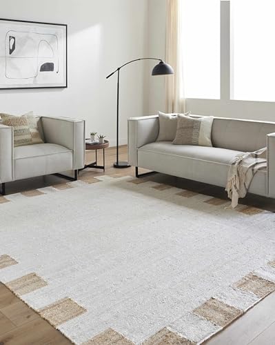 Image of Hauteloom Aphrodite JModern Hand Woven Natural Fiber Jute Area Rug - Contemporary Geometric Checkered Carpet for Living Room, Bedroom, Dining Room - Cream, Tan - 2' x 3'