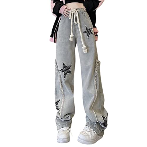 BXCNCKD FEUSEUZ Y2K Women's Printed Star Jeans Hip-hop Street Fashion Retro Design Casual Low Waist Loose Straight Jeans