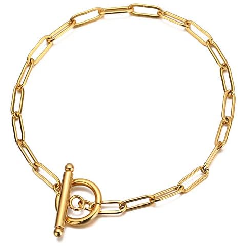 WangGao Stainless Steel OT Buckle Paperclip Minimalist Link Chain Bracelet For Women Popular Jewelry,Gold Cover