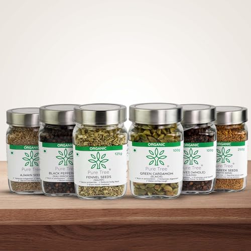 Image of Pure Tree Certified Organic Cloves,Cardamom 100g,Ajwain 150g,Methi 250g,Saunf 125g,Blackpepper 175g | Glass Jar | Ajwain, Fenugreek, Fennel, Cloves, Cardamom, Black Pepper Combo Pack