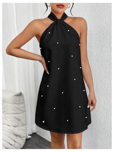Image of Floerns Women's Pearl Beaded Halter Twist Sleeveless Tie Back Dress A Line Dress