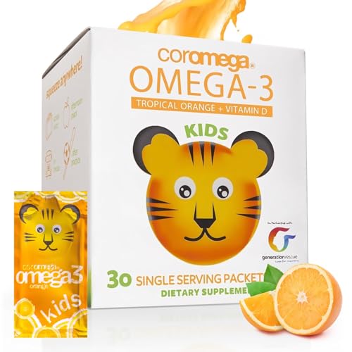 Coromega Kids Omega 3 Fish Oil Supplement, 650mg of Omega-3s, Tropical Orange + Vitamin D, 30 Single Serve Squeeze Packets Coromega Kids Omega 3 Fish Oil Supplement, 650mg of Omega-3s, Tropical Orange + Vitamin D, 30 Single Serve Squeeze Packets