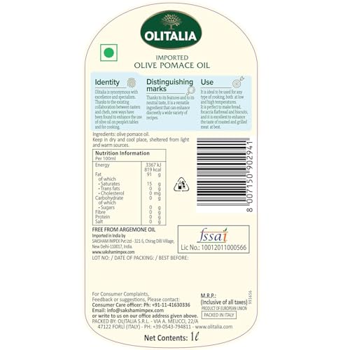 Image of Olitalia Pomace Olive Oil • Light Taste, High Smoke Point Imported Italian Cooking Olive Oil • Ideal for Indian Cooking, Frying, Sauteing & Baking, 33.81 fl oz ℮ 1 l (Pack of 3)