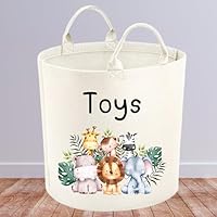 Kids Toy Basket - Large 50L Cute Safari Animals - Toy Storage and Organisation Hamper for Girls and Boys, Large Jungle Decor (White)