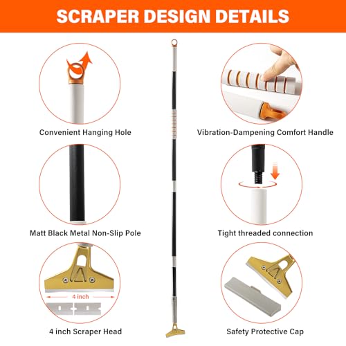 Image of Gomake 4 inch Wide Razor Blade Scraper Tool with Adjustable 16''-58 inch(1.3ft -4.8ft) Long Handle, 20PCS Extra Metal Blades, Cleaning Glass Wall Scraper, Painting stripping tools, Tile, Floors, Walls