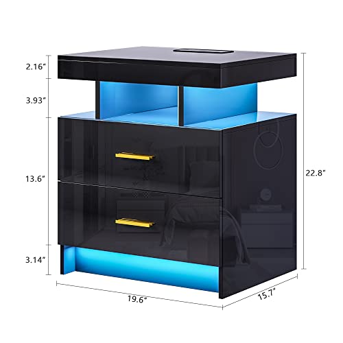 Image of HNEBC Auto LED Nightstands Set of 2,Modern Bedside Table with USB Ports & Wireless Charging Station,High Gloss Bedside Tables with 2 Drawers,Nightstands for Bedrooms /Living Room /Office (Black)