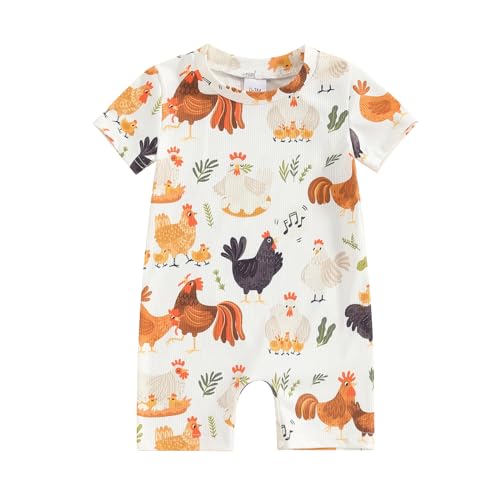 Gueuusu Farm Baby Clothes Boy Girl Country Chicken Print Short Sleeve Romper Bodysuit Ribbed One Piece Jumpsuit Cute Outfit (White, 3-6 Months) -  TJJ-cRlDjWfXY7XA2